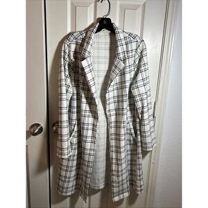 Melloday Women's L Black & White Plaid  Long Coat Blazer Jacket Duster Open